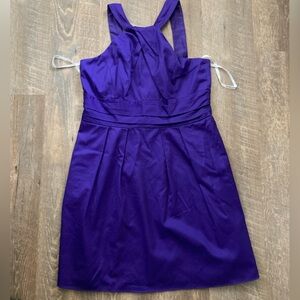 David’s Bridal | Y Neck Cotton Sateen Royal Purple Cocktail Pleated Mini Dress
